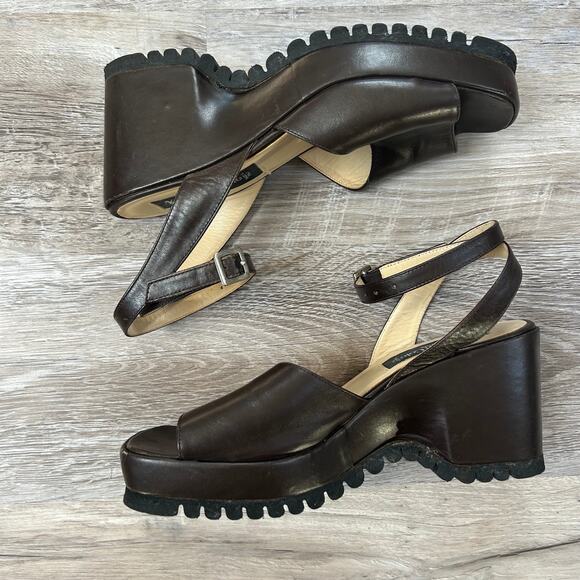 Vintage 90s Kenneth Cole NY Brown Leather Platform Wedge Sandals 7B Italy - Picture 4 of 9